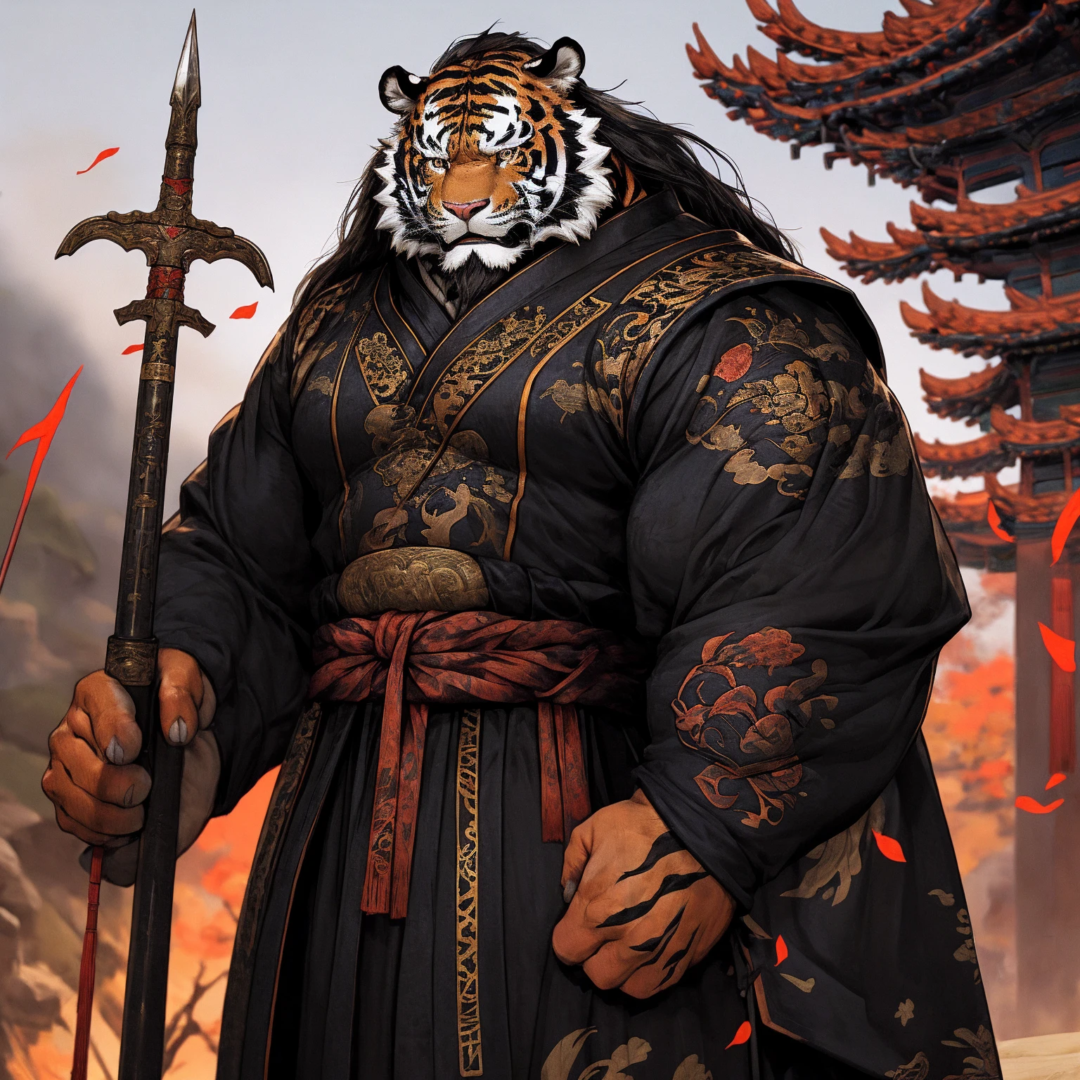 (black tiger),(Black combat robe),Holding a spear,Powerful gesture,Stand confidently and proudly,Chinese style general holding a sword looking into the distance Longcheng middle-aged serious face beard,Strong,muscle,(high resolution:1.3)