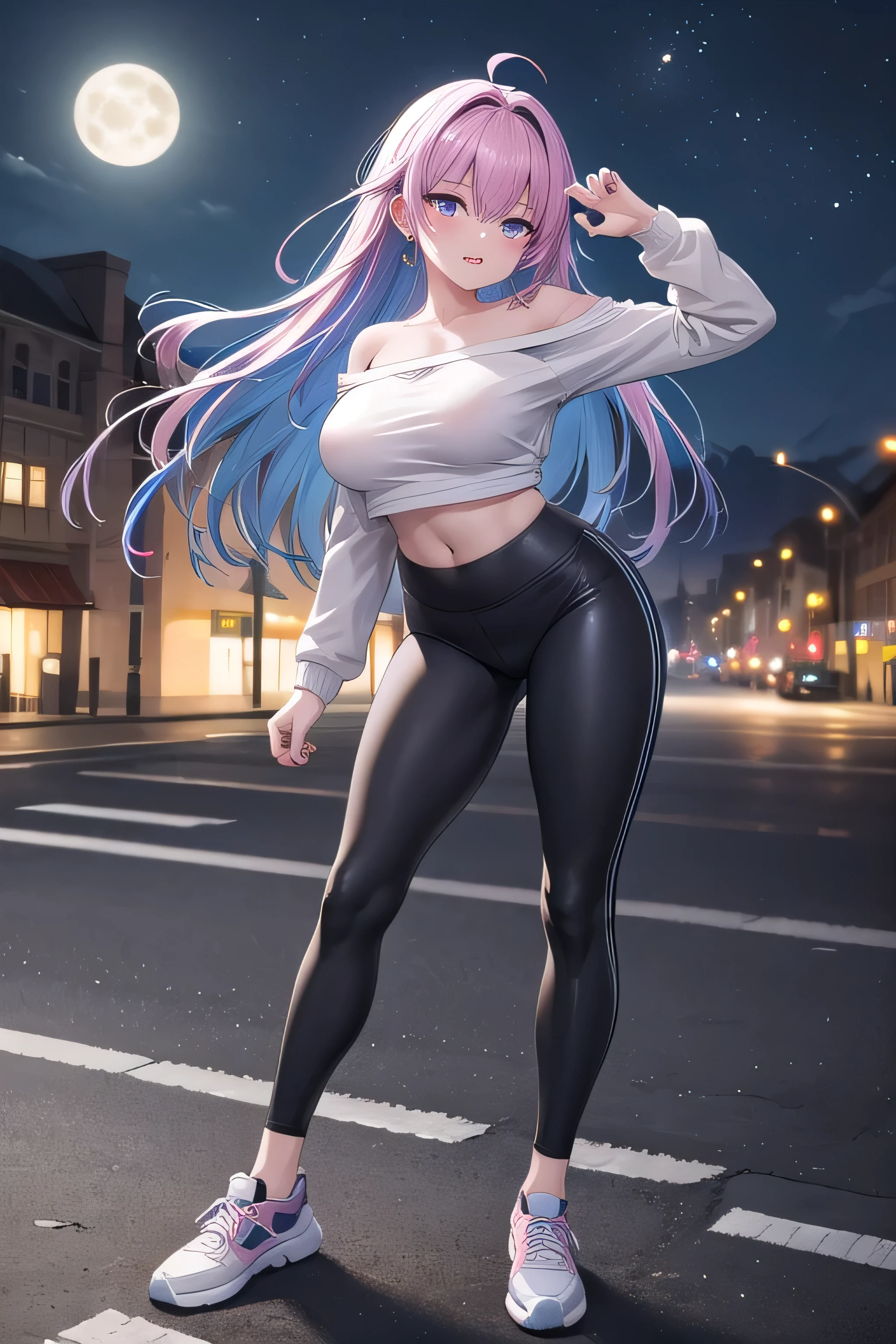 最high quality、high quality、best image quality、8K、最High resolution、High resolution、最high quality、masterpiece、whole body photos、 skin in every detail、 face in every detail、 eyes in every detail、 lips in every detail、 teeth in every detail、 ears with attention to detail、 hair with detailed details、arms with attention to detail、 hands with attention to detail、 fingers with attention to detail、 (fine hands、thumb1reference4)、 legs with attention to detail, feet with attention to detail, 8k, ultra HD, sharp focus, details hair, beautiful hair, details face, beautiful detail eye, details pupil, perfect hand, vibrant colours, soft lighting.
1girl, long hair, hair accessory, style hair, (pink -blue hair), light purple eyes, giant breast, saggy breasts, losses sweater, off shoulder, cropped shirt, double shirt, yoga pant, tight yoga pants, random shoes, sexy pose, ,
night, standing, road, city, full moon, Star