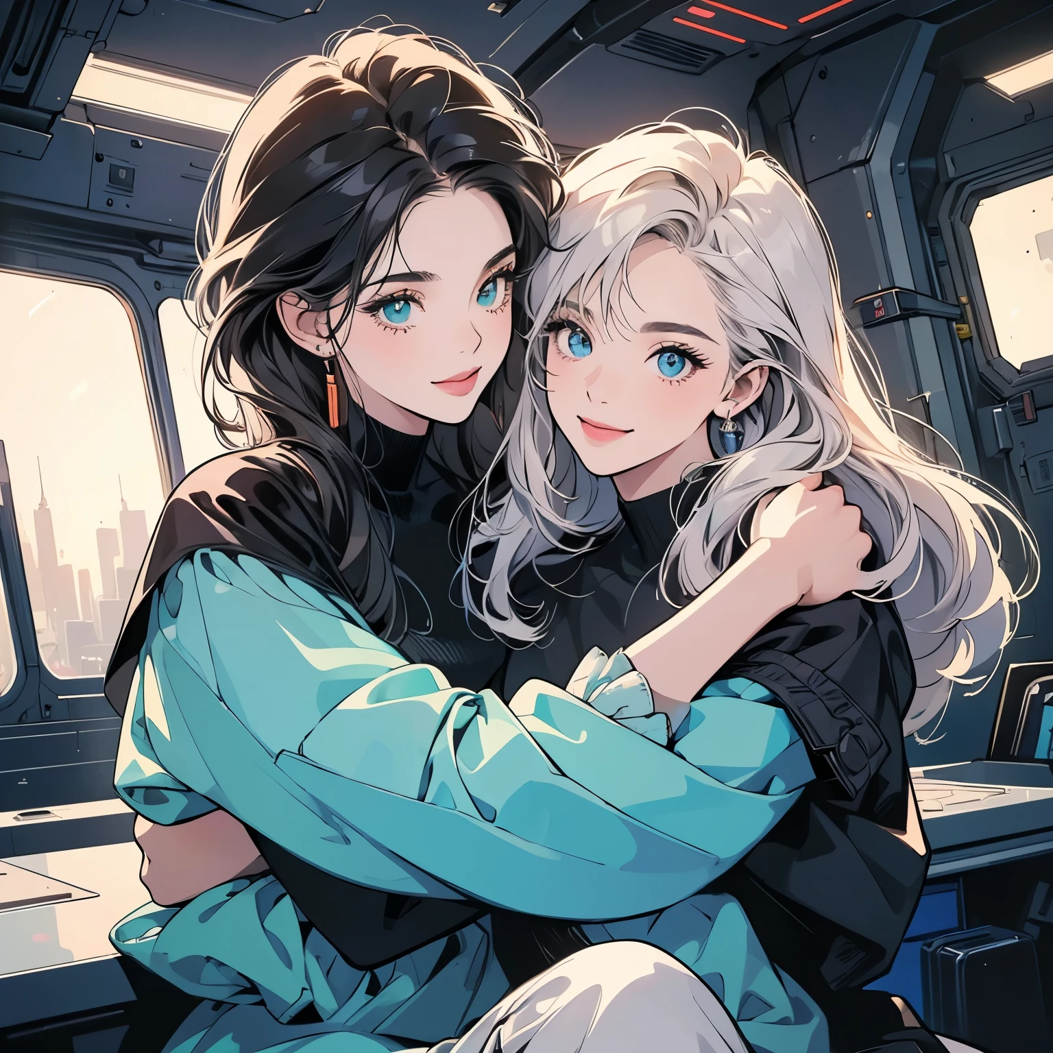 (((beautiful "Two women" leaning against each other))), inside a spaceship, perfect machine, perfect face, zero gravity, outer space, lots of wires, switchboard, perfect and detailed machine, detailed hair, (((Various angles))), most beautiful woman, (((head shot))) , Super detailed background, top quality,Various unique hairstyles, Ghost in the Shell, Outer space in the background, Unique and perfect face, Pale Lighting, (((Various eye colors))),(((hug from behind)), smile
