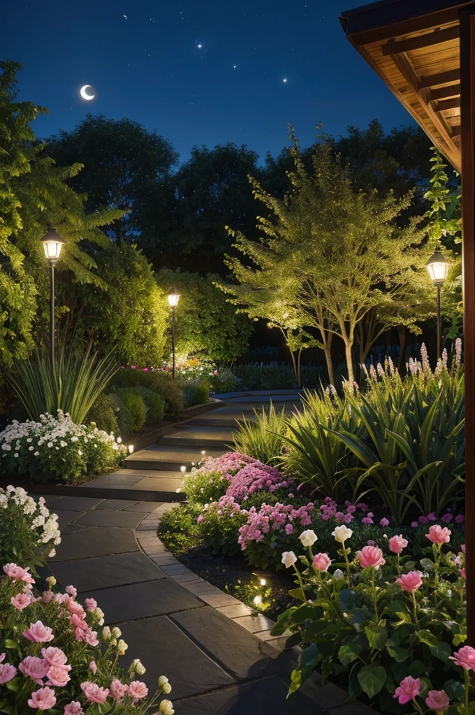 A beautiful gardening lite warm weather, mid night moon , full of flowers, a perfume with stand