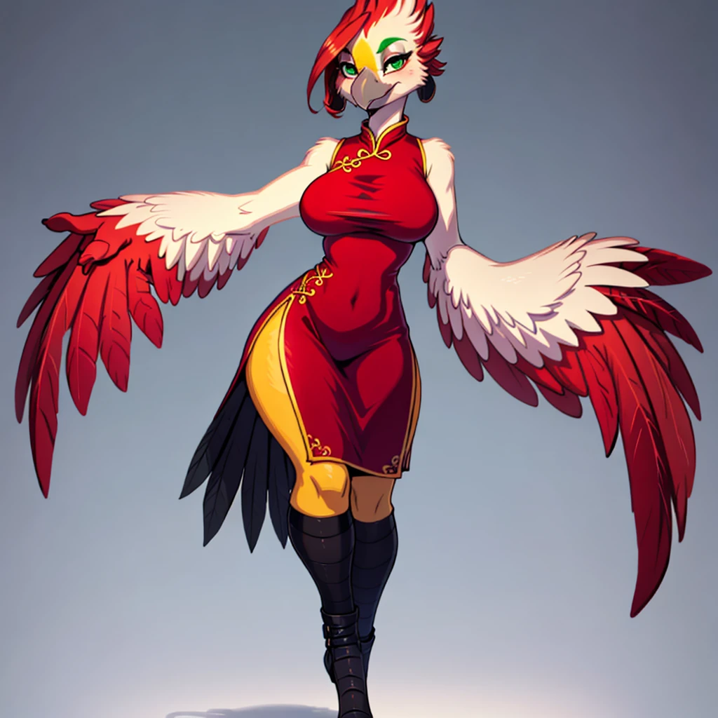 1girl, ((parrot)), ((red feathers)), green eyes, huge breast, wide hips, winged-arms, parrot wings, red cheongsam dress, blush, smirk, ((standing pose)), ((full body)), ((solo)), ((best quality)), ((masterpiece)), portrait, looking at the camera, from the front view, simple background, ((detailed)), ((perfect anatomy)), ((detailed art)), ((high definition)), ((4k)), ((high resolution))