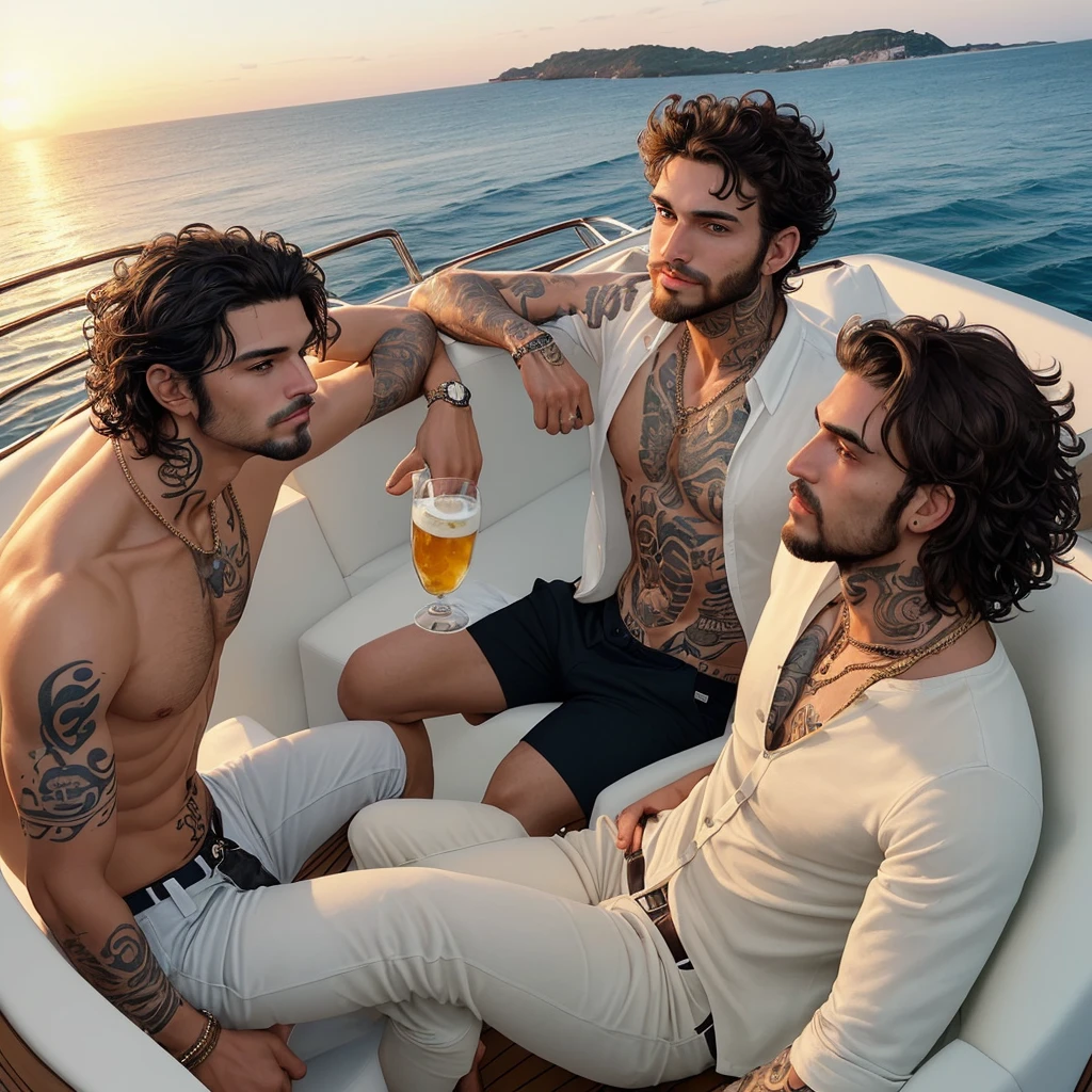 Two handsome males. A male with jawline, brown eyes, brown curly hair, ear piercing, thin brown beard, tattoos, wearing a diamond chain and rolex watch, wearing a blue summer sea short and natural skin color guy,hydrate lips,brown eyes,black messy hair,facial hair, wearing a yellow summer sea short, both of them standing on a luxurious white private yacht, both sitting on a streching chair in edge of yacht and both drinking a glass of beer, doing cheers, sunset time.