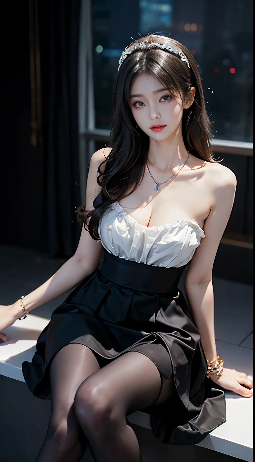 maid attire, black pantyhose, high heels, ((whole body)), ((from below)), ((Sitting)), ((sitting on a bar stool)), Clear face, Pretty Face, 8K, masterpiece, original photo, best quality, detail:1.2,lifelike, detail, Very detailed, CG, Unite, wallpaper, Depth of Field, Movie Lighting, lens flare, Ray tracing, (extremely beautiful face, Beautiful lips, beautiful eyes), Wheels within wheels, detail face, (Bare shoulders), ((ultra detailed skin)), 1 girl, in the darkness, Deep Shadows, Beautiful korean girl, Korean Idol,(Very slim figure:1.3), Full breasts, Large Breasts, Slender sexy legs, Very beautiful legs, elegant posture, (A big smile), (City night, (Neon), (night), Beautiful korean girl, White Diamond Earrings, diameter bracelet, Deya Necklace, Clear eyes, (big eyes)