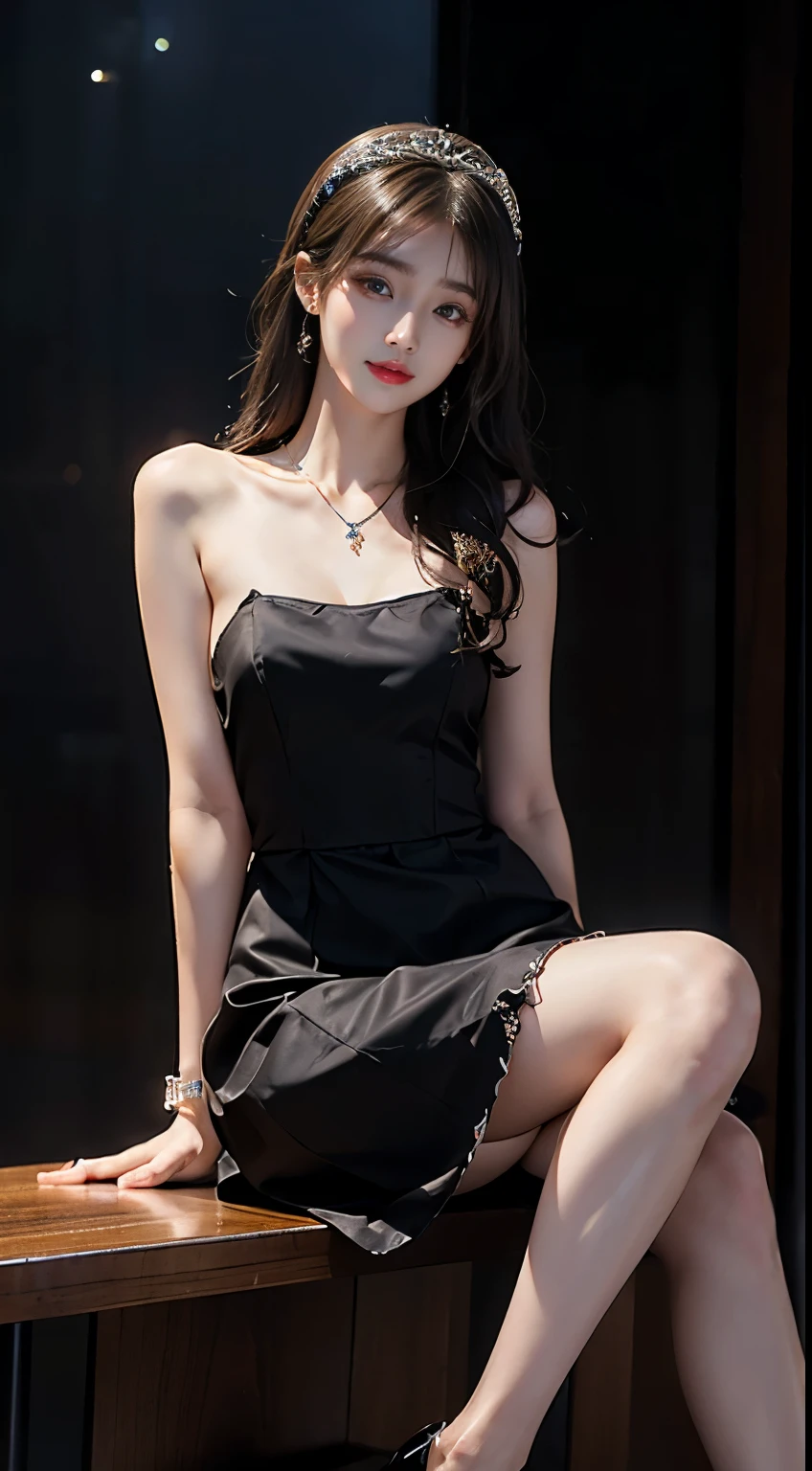 maid attire, black pantyhose, high heels, ((whole body)), ((from below)), ((Sitting)), ((sitting on a bar stool)), Clear face, Pretty Face, 8K, masterpiece, original photo, best quality, detail:1.2,lifelike, detail, Very detailed, CG, Unite, wallpaper, Depth of Field, Movie Lighting, lens flare, Ray tracing, (extremely beautiful face, Beautiful lips, beautiful eyes), Wheels within wheels, detail face, (Bare shoulders), ((ultra detailed skin)), 1 girl, in the darkness, Deep Shadows, Beautiful korean girl, Korean Idol,(Very slim figure:1.3), Full breasts, Large Breasts, Slender sexy legs, Very beautiful legs, elegant posture, (A big smile), (City night, (Neon), (night), Beautiful korean girl, White Diamond Earrings, diameter bracelet, Deya Necklace, Clear eyes, (big eyes)