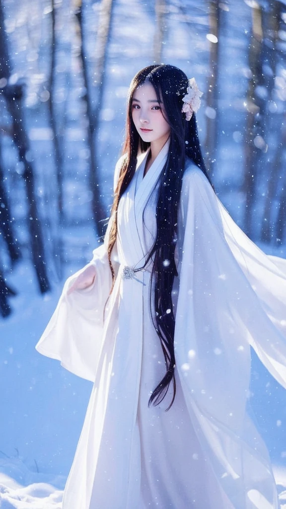 Long Hair Girl and white dress walking in snow, Long Hair Girl, The sharp gaze of the Yuki-onna, Beautiful anime style, Beautiful woman, Female Characters,  Flowing hair and long robes, Beautiful fantasy、Flowing white robes, 