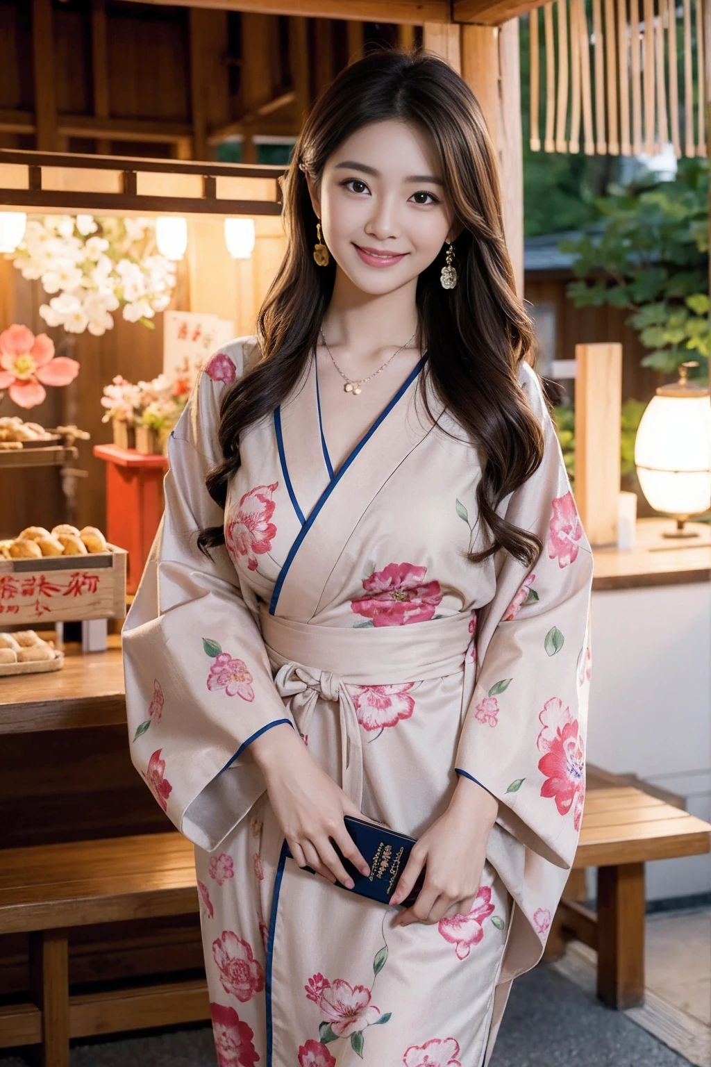 Highest quality,8K, Detailed facial depiction, Detailed description of the eyes,One Woman, Light brown hair(Medium-long hair),Beautiful Japanese Girl,24-years-old,Cute eyes,Cute Smile,Yukata beauty,Yukata with a beautiful floral pattern,Slender body, Large, plump breast size, Long and beautiful legs,Smiling, Colorful earrings,necklace,Are standing,Beautiful nape,Japanese Summer Festivals,There are food stalls