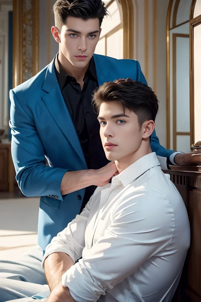 Ultra wide angle,((masterpiece)),((best quality)),8K,High Detail,Very detailed, 2 handsome muscular boys,Very manly,blue eyes,Stylish short hair,Vivid male image, Fashion pose, masculine expression,Real skin texture, Perfect and realistic hand details,Light,
Royal blue style couple,White male model photos