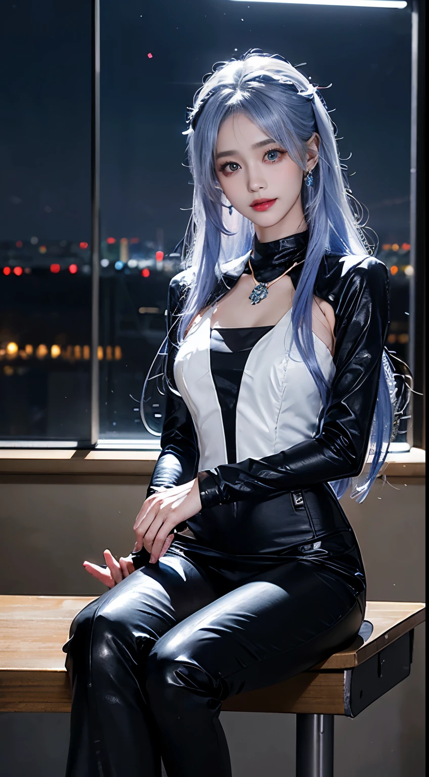 lacia costplay costume, ((full body)), ((Shot from a random perspective)), ((sitting position)), ((in the classroom, Sit at the lectern)), (yushuxin,1girl,独奏), clear face, pretty face, 8K, masterpiece, original photo, best quality, detail:1.2,lifelike, detail, Very detailed, CG, unified, wallpapers, depth of field, movie light, lens flare, Ray tracing, (extremely beautiful face, beautiful lips, beautiful eyes), intricate, detail face, ((ultra detailed skin)), 1 girl, in the darkness, deep shadow, beautiful korean girl, kpop idol,(Very slim figure:1.3), A plump chest, Large breasts, Slender sexy legs, Very nice legs, elegant posture, (bright smile), (City night, (neon lights), (night), beautiful korean girl, white diamond earrings, Diameter bracelet, Dia necklace, clear eyes, (big eyes)