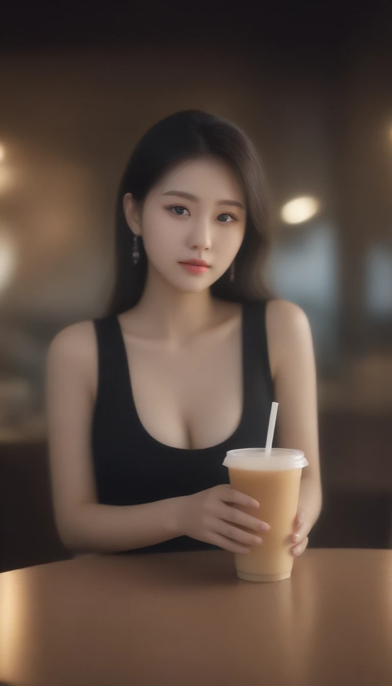 close-up of beautiful korean female, 34 inches breasts size, wearing punk tank top, pants, holding milk tea, at the luxury cafe, bokeh background, UHD showing his big tits