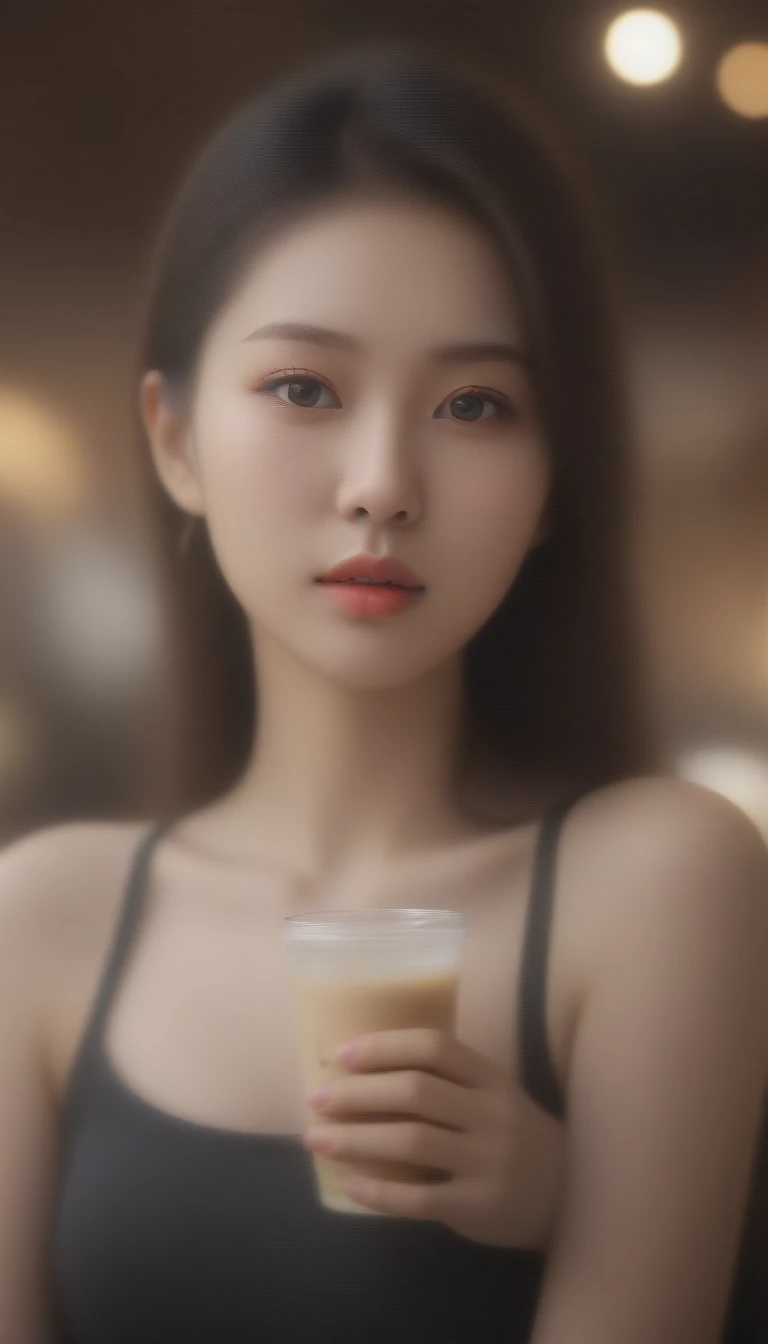 close-up of beautiful korean female, 34 inches breasts size, wearing punk tank top, pants, holding milk tea, at the luxury cafe, bokeh background, UHD showing his big tits