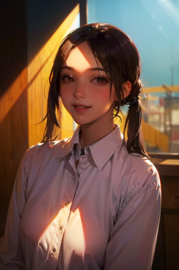 (Smoother lighting:1.05), (Improving the lighting quality of movies:0.9), One girl, Realistic lighting, Backlight, Light on the face, Ray-tracing, (Bright light:1.2), Detailed drawn eyes, Detailed painted face, Quality Eyes, (Highest quality, masterpiece),  female, smile, Laughter, , White shirt, tie, Pigtails, Long Hair, Redhead, blush, View Viewer, cute, Captivating eyes, Brown eyes, Dynamic Pose, School corridor