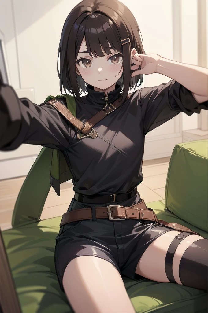 Anime, flat , (Ellen 18-years-old, short dark layered hair, Brown-eyed, small breast:1.0), hair clips 
Fantasy Rogue outfit, belt, taking selfie, sitting, embarrassed, groin , fantasy 