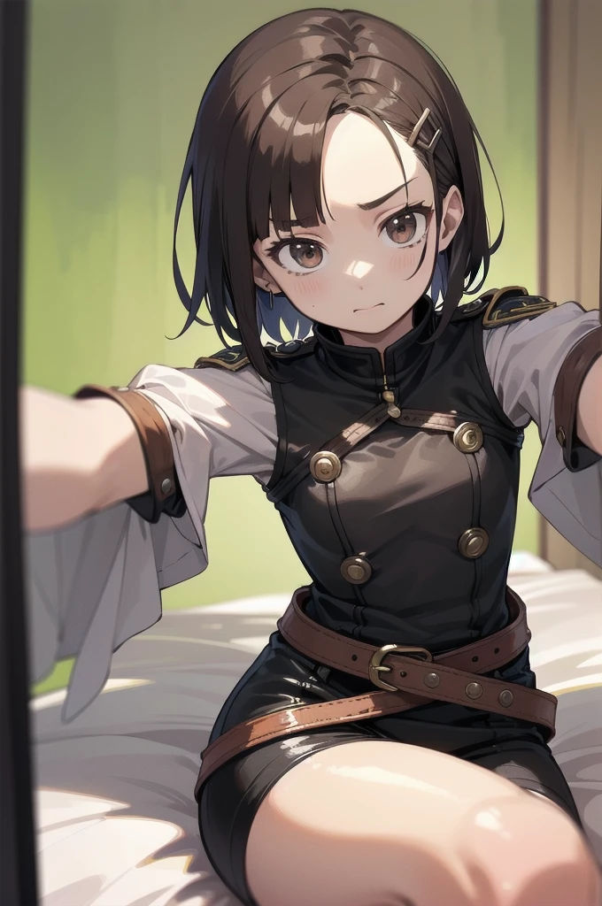 Anime, flat , (Ellen 18-years-old, short dark layered hair, Brown-eyed, small breast:1.0), hair clips 
Fantasy Rogue outfit, belt, taking selfie, sitting, embarrassed, groin , fantasy 