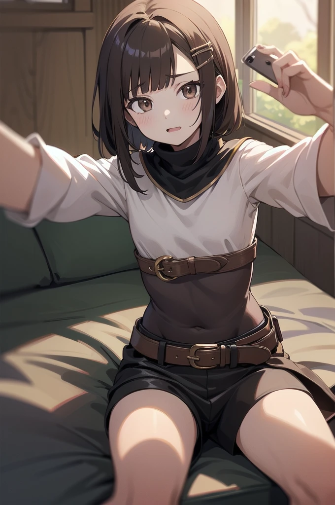 Anime, flat , (Ellen 18-years-old, short dark layered hair, Brown-eyed, small breast:1.0), hair clips 
Fantasy Rogue outfit, belt, taking selfie, sitting, embarrassed, groin , fantasy 