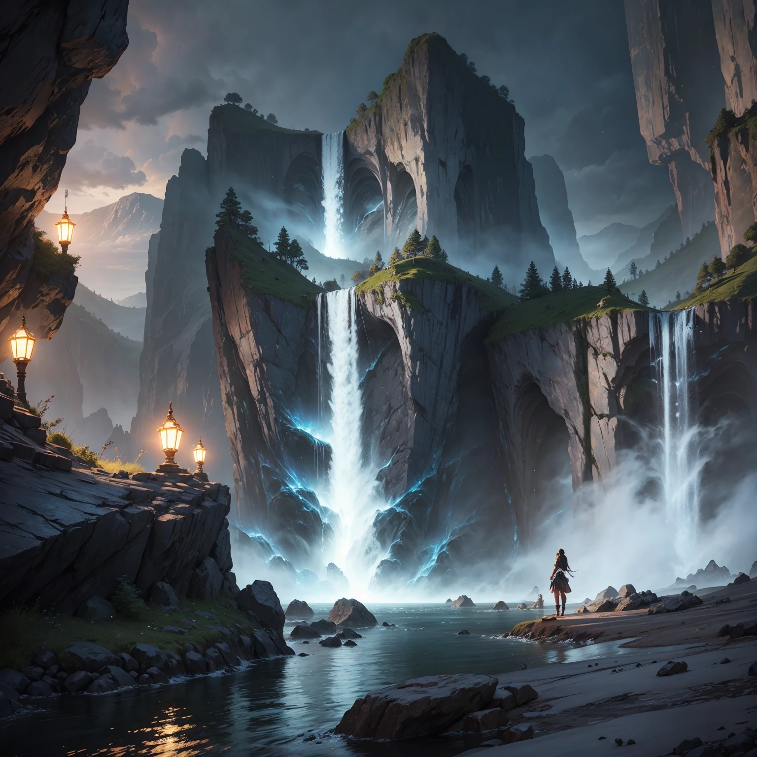 There is a cave with a waterfall in it, the waterfall lights up at night, there are lightning at night, concept art rendered in unreal engine, concept art amazing atmosphere, jessica rosier fantasy art, concept art 8k resolution, concept art 8k resolution, concept art 8K, beautiful concept art, unreal engine fantasy art, andreas rocha style, relaxing concept art, 4k resolution concept art