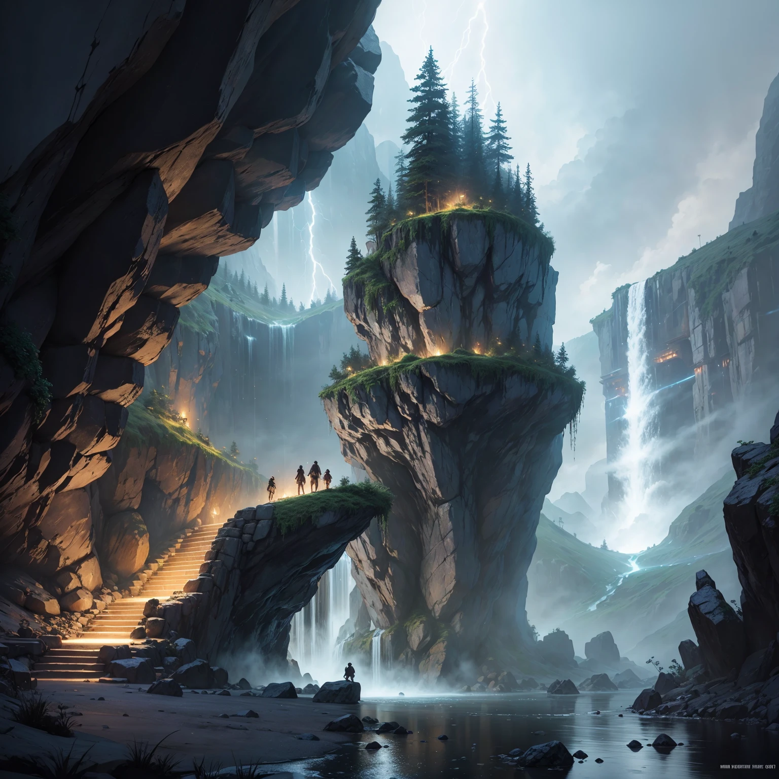 There is a cave with a waterfall in it, the waterfall lights up at night, there are lightning at night, concept art rendered in unreal engine, concept art amazing atmosphere, jessica rosier fantasy art, concept art 8k resolution, concept art 8k resolution, concept art 8K, beautiful concept art, unreal engine fantasy art, andreas rocha style, relaxing concept art, 4k resolution concept art