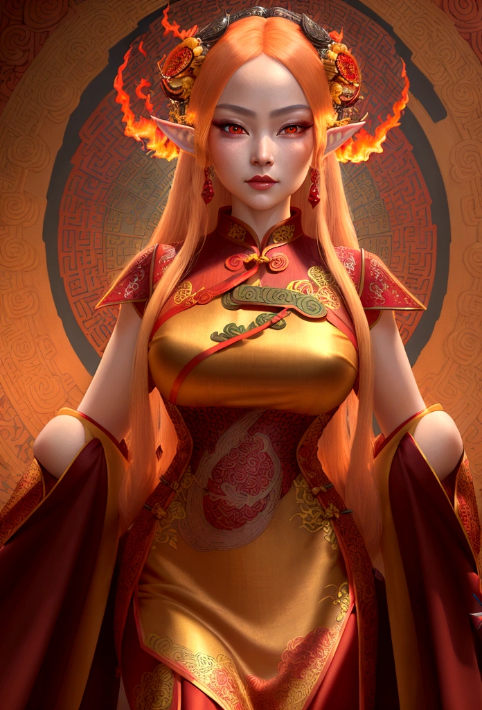 high details, best quality, 16k, [ultra detailed], masterpiece, best quality, (extremely detailed), full body, ultra wide shot, photorealistic, fantasy art, dnd art, rpg art, realistic art, an ultra wide picture of a female elf (intricate details, wearing fiery (Cheongsam: 1.3), Masterpiece, best quality: 1.5) goddess of fire ((fiery radiant aura)), controlling a swirling red fire, fiery red radiant magic (1.5 intricate details, Masterpiece, best quality), manipulating purple radiant magical symbols, [[divine symbols]] (intricate details, Masterpiece, best quality: 1.5), elf female, blond hair, long hair, hair with aura, with red radiant eyes, intense eyes, ((radiant eyes)), (( red glowing eyes)), she wears Cheongsam with fiery patterns, the fire leaps from the Cheongsam, fantasy volcano back ground, streams of lava, celestial background, ((divine worship atmosphere)), high details, best quality, highres, ultra wide angle,