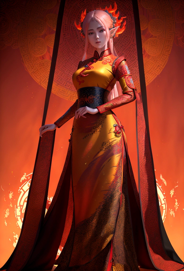 high details, best quality, 16k, [ultra detailed], masterpiece, best quality, (extremely detailed), full body, ultra wide shot, photorealistic, fantasy art, dnd art, rpg art, realistic art, an ultra wide picture of a female elf (intricate details, wearing fiery (Cheongsam: 1.3), Masterpiece, best quality: 1.5) goddess of fire ((fiery radiant aura)), controlling a swirling red fire, fiery red radiant magic (1.5 intricate details, Masterpiece, best quality), manipulating purple radiant magical symbols, [[divine symbols]] (intricate details, Masterpiece, best quality: 1.5), elf female, blond hair, long hair, hair with aura, with red radiant eyes, intense eyes, ((radiant eyes)), (( red glowing eyes)), she wears Cheongsam with fiery patterns, the fire leaps from the Cheongsam, fantasy volcano back ground, streams of lava, celestial background, ((divine worship atmosphere)), high details, best quality, highres, ultra wide angle,