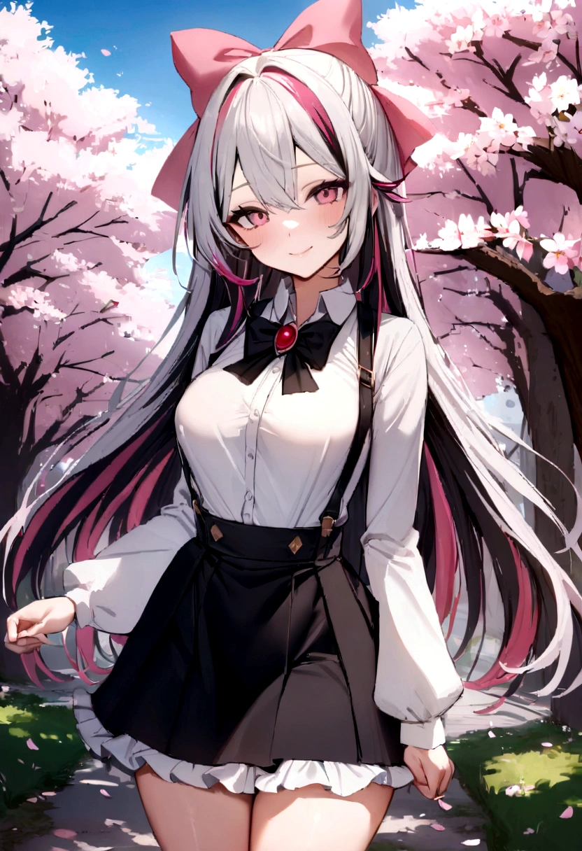 NSFW,masterpiece, best quality, highres, aahinano, long hair, (multicolored hair:1.2), hair bow, collarbone, black bowtie, brooch, white shirt, suspender skirt, frilled skirt, pink bow, cowboy shot, standing, smile, outdoors, cherry blossoms,