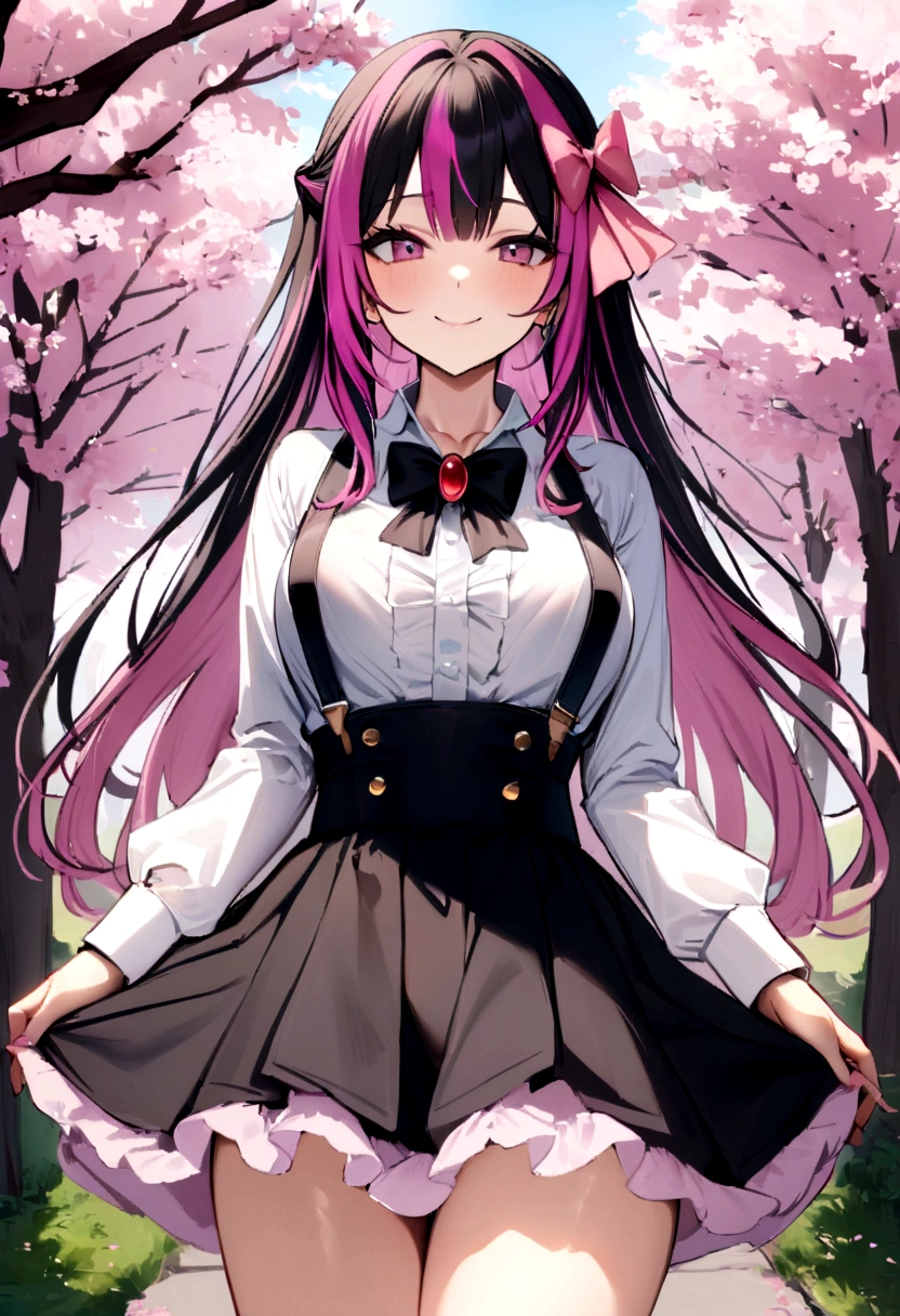 NSFW,masterpiece, best quality, highres, aahinano, long hair, (multicolored hair:1.2), hair bow, collarbone, black bowtie, brooch, white shirt, suspender skirt, frilled skirt, pink bow, cowboy shot, standing, smile, outdoors, cherry blossoms,