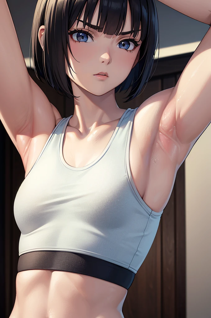 masterpiece, best quality, ultra detailed, ultra high resolution, very detailed face, solo, anime, top down angle, 20 years old girl, slim, (((sports bra, sleeveless))), ((upper body only, warming up, up arms, armpit))), ((black bob hair)), (((verysmall breast))), serious face, in the changing room