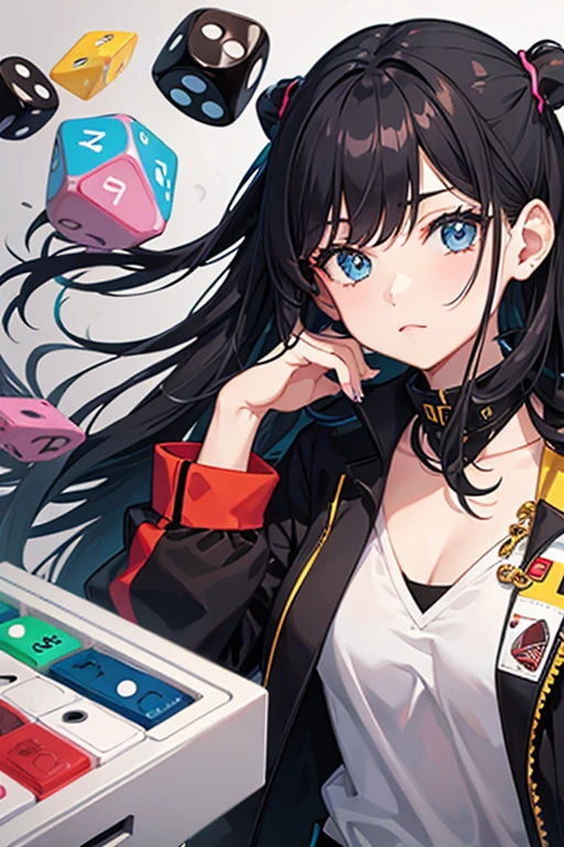 Girl, dice, black hair, dice colors, different sizes, wind