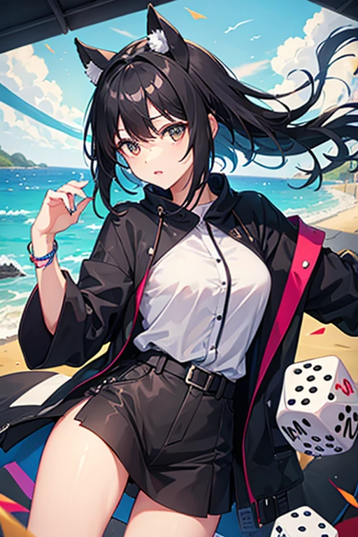 Girl, dice, black hair, dice colors, different sizes, wind 