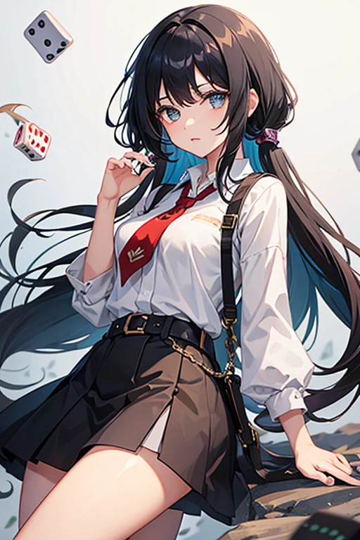 Girl, dice, black hair, dice colors, different sizes, wind 