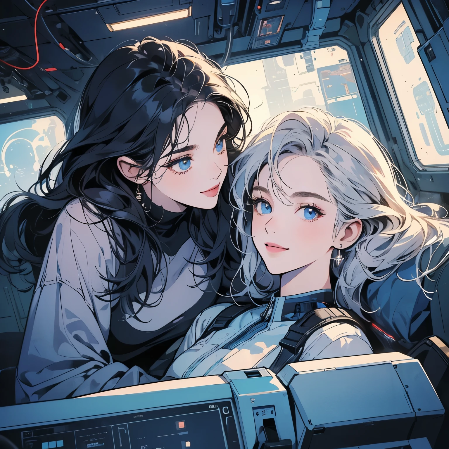 (((beautiful "Two women" leaning against each other))), inside a spaceship, perfect machine, perfect face, zero gravity, outer space, lots of wires, switchboard, perfect and detailed machine, detailed hair, (((Various angles))), most beautiful woman, (((head shot))) , Super detailed background, top quality,Various unique hairstyles, Ghost in the Shell, gradient eyes, Outer space in the background, Unique and perfect face, Pale Lighting,(((lying)),smile