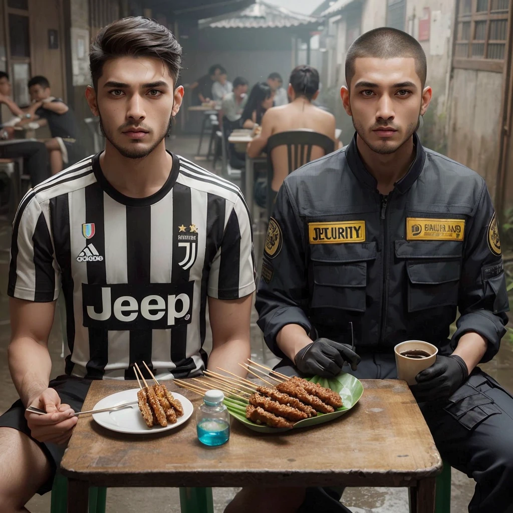 hyper realistis seseorang pria portugal berambut ponytail pendek memakai jersey juventus dan ,pria Asia berusia 25 tahun dengan rambut buzz cut mengenakan pakaian sekurity duduk di kursi dekat meja di bar kumuh sambil makan sate dan minum kopi hitam.