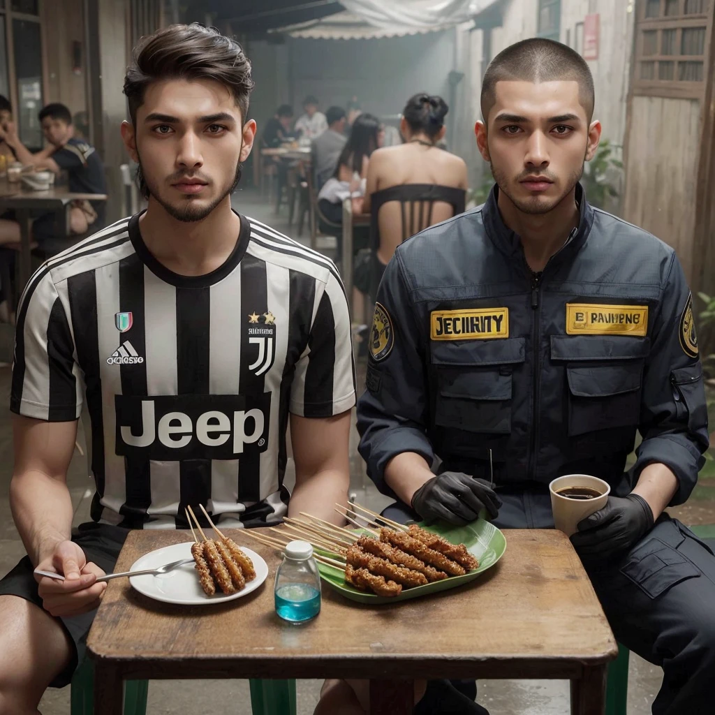 hyper realistis seseorang pria portugal berambut ponytail pendek memakai jersey juventus dan ,pria Asia berusia 25 tahun dengan rambut buzz cut mengenakan pakaian sekurity duduk di kursi dekat meja di bar kumuh sambil makan sate dan minum kopi hitam.