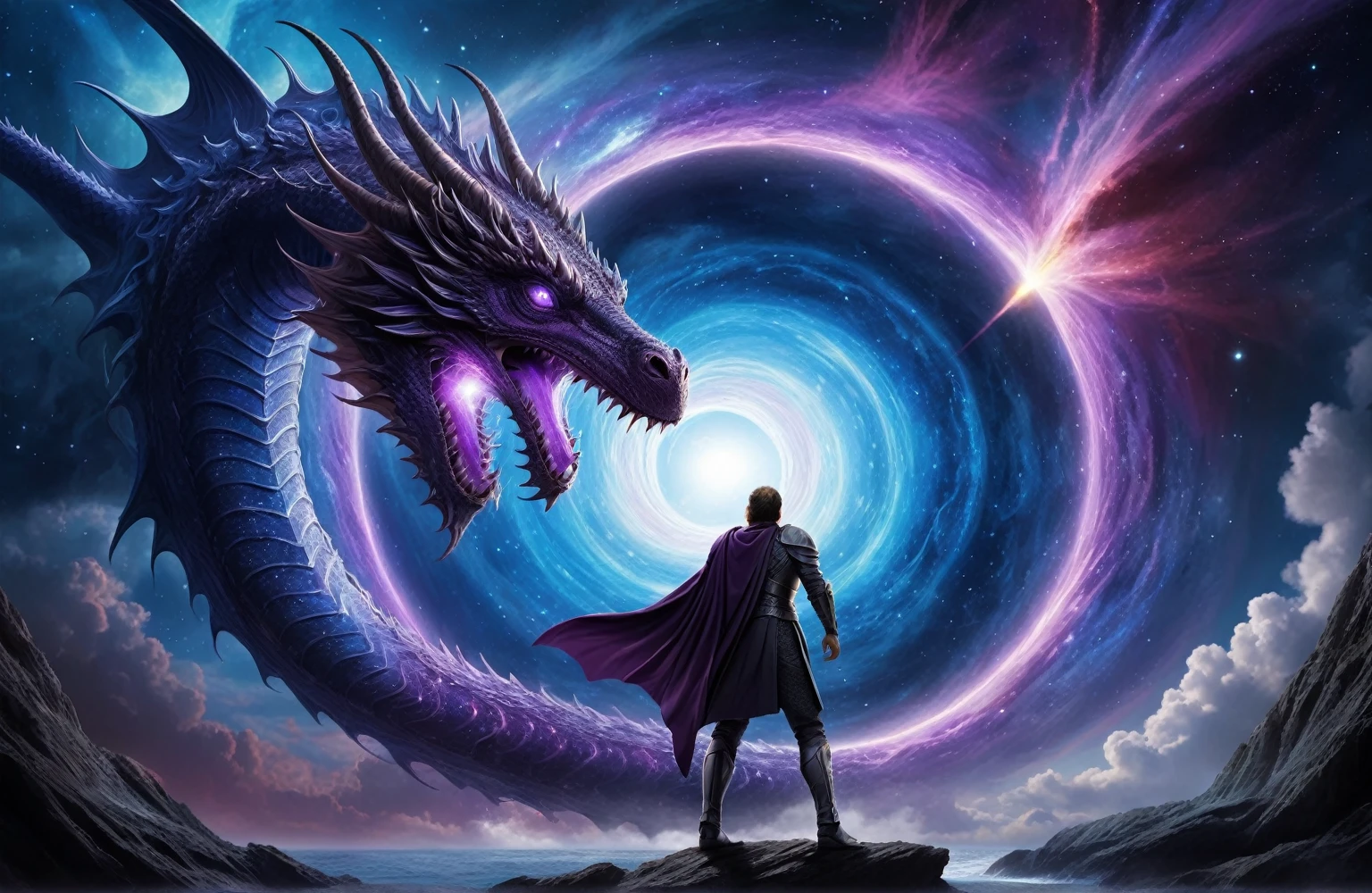 excellent quality, Science Fiction, (Wormhole in the sky:1.3), Dragon passing through wormhole, Epic scenes, Excellent, Time and Space Vortex, (Blue mixed with purple:1.1) Energy Flow, Bostel, Extremely detailed,