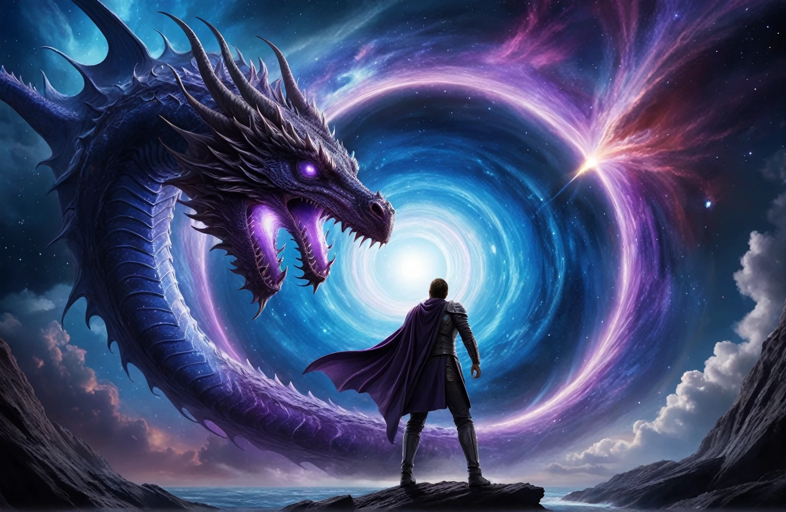 excellent quality, Science Fiction, (Wormhole in the sky:1.3), Dragon passing through wormhole, Epic scenes, Excellent, Time and Space Vortex, (Blue mixed with purple:1.1) Energy Flow, Bostel, Extremely detailed,
