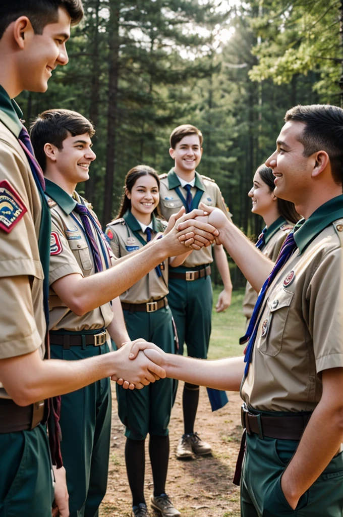 Adult scouts say goodbye by talking to each other and shaking hands