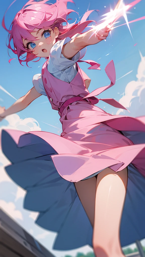 A pink-headed, blue-eyed girl takes off her dress.