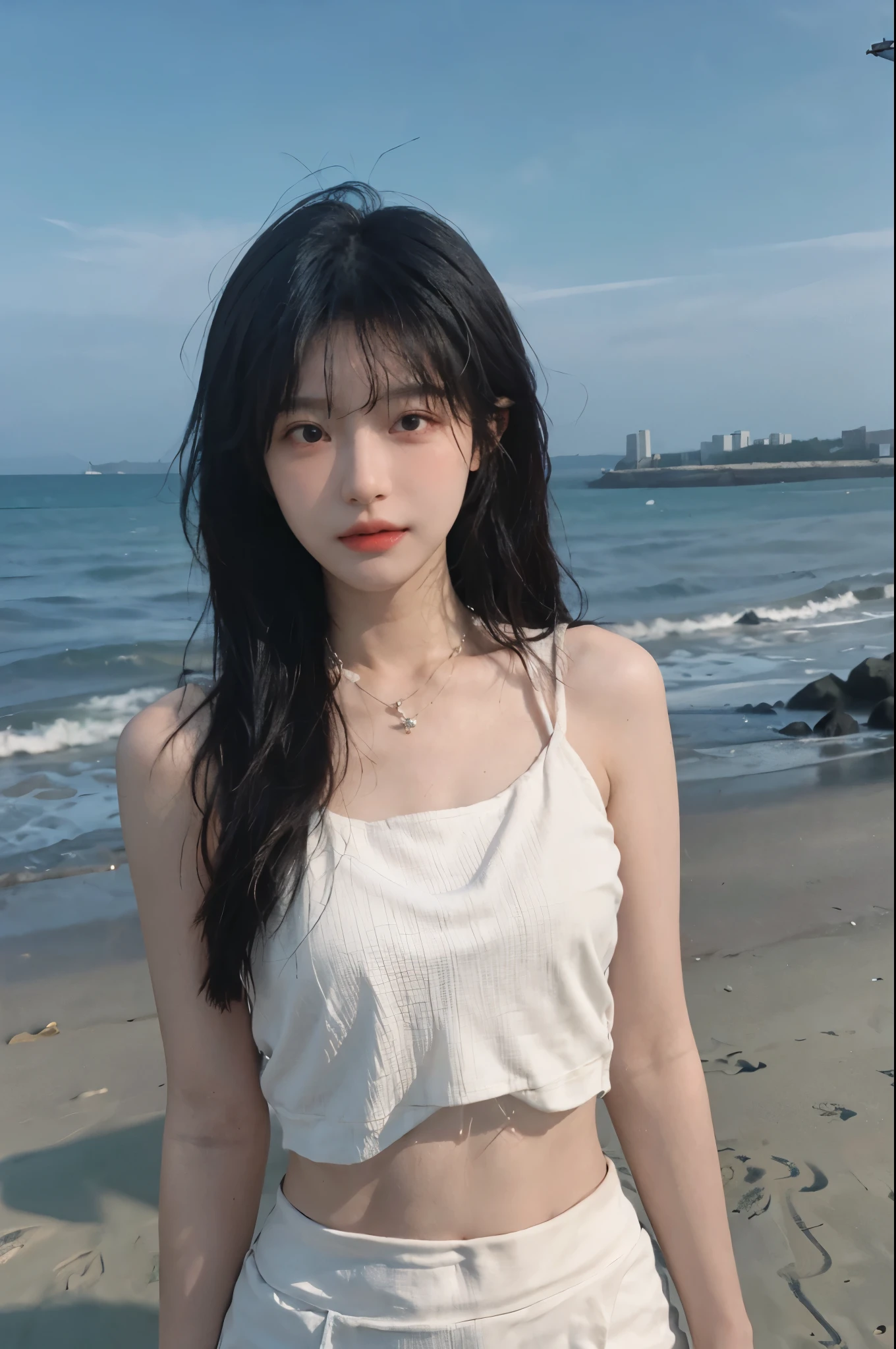 Best quality,Ultra-high resolution,(lifelike:1.4),Cute hairpin,1girll,Long curly hair,jk,Blush,Slim beauty:1.4,Visible abdominal muscles,on the beach,Ultra-fine face,Exquisite eyes,Double eyelids,necklace