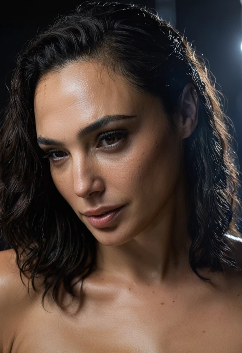 high quality Erotic shot of a extremely hot woman, ( GalGadot, photorealistic ) celebrity erotic photograph , nude, erotic photoshoot , wet, shiny sweaty skin, seductive expression , on vacation area, wet hair, dark atmosphere, erotic lighting , celebrity, female, woman, hollywood actress, , erotic angle , fleshy muscular woman , ( natural lights, depth of field, insanely detailed skin texture, hyper detailed features,perfect body parts, perfect anatomy )