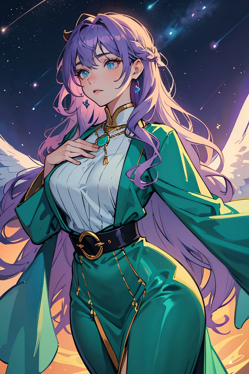 woman, slender but very curvy, skin is bronze, hair is wavy long with a purple and sky blue gradient, eyes are seafoam green with violet pupils, wears flowing and modest robes, lots of belts and chain jewelry, inquisitive expression, has large angel wings, shooting stars