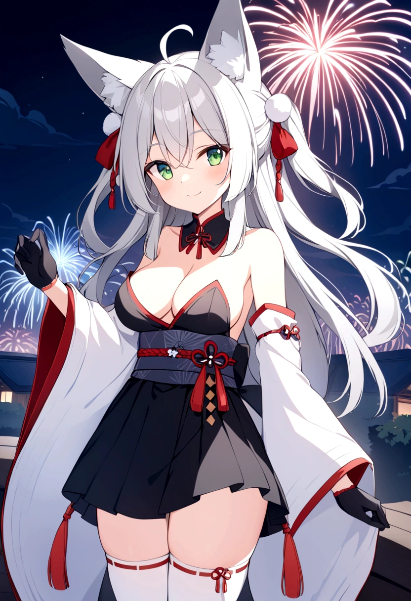 slender, mature female, rating:safe, fireworks, 1girl, animal_ears, long_hair, breasts, thighhighs, solo, smile, looking_at_viewer, very_long_hair, detached_sleeves, green_eyes, wide_sleeves, dress, white_legwear, silver_hair, fox_ears, standing, bare_shoulders, fox_tail, medium_breasts, bangs, eyebrows_visible_through_hair, black_gloves, fox_girl, multicolored_hair, sideboob, hair_between_eyes, tail, ahoge, sky, ribbon, two-tone_hair, outdoors, long_sleeves, white_hair, night, bow, blush, gloves, cleavage, japanese_clothes, black_dress, sidelocks, detached_collar, aerial_fireworks