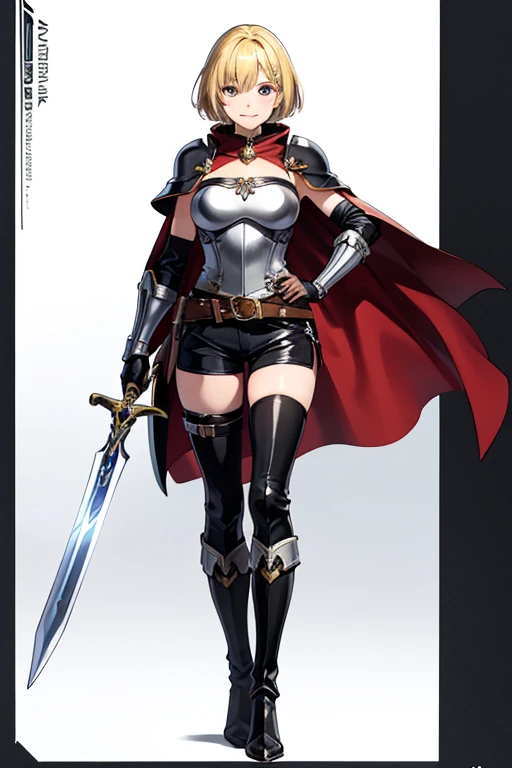 Anime Art、Full body portrait、Fantasy Outlaws、A woman around 35 years old, around 170cm tall, wearing leather armor and shorts, standing upright with a curved sword in her hand、One Eye、Laughing with mouth open、Short medium hairstyle、Blonde、gloves、boots、Arm guard、Leather Cape