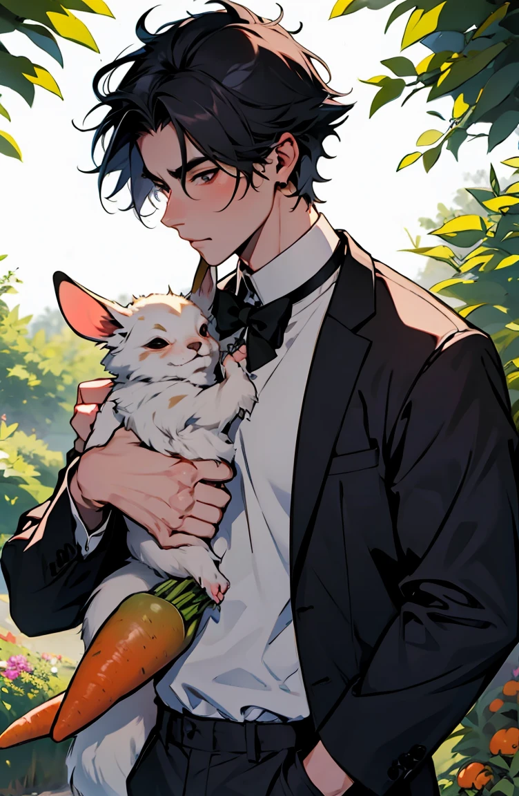 Highest quality, 8K, Kpop Boy, a male with a bow tie, black hair with white trim, holding a carrot in his hand, pretending to share his thoughts with him, short hair, yellow left eye, red sclera, in a vegetable garden, shirt, black pants. gentle face There is a rabbit on the body, sweet tone, rabbit, rabbit ears, likes carrots.