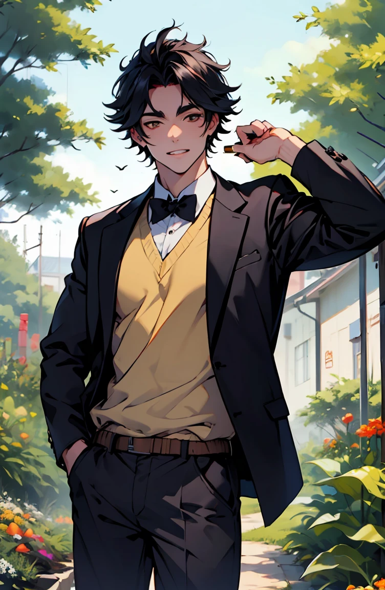 Highest quality, 8K, Kpop Boy, a male with a bow tie, black hair with white trim, holding a carrot in his hand, pretending to share his thoughts with him, short hair, yellow left eye, red sclera, in a vegetable garden, shirt, black pants. gentle face There is a rabbit on the body, sweet tone, rabbit, rabbit ears, likes carrots.