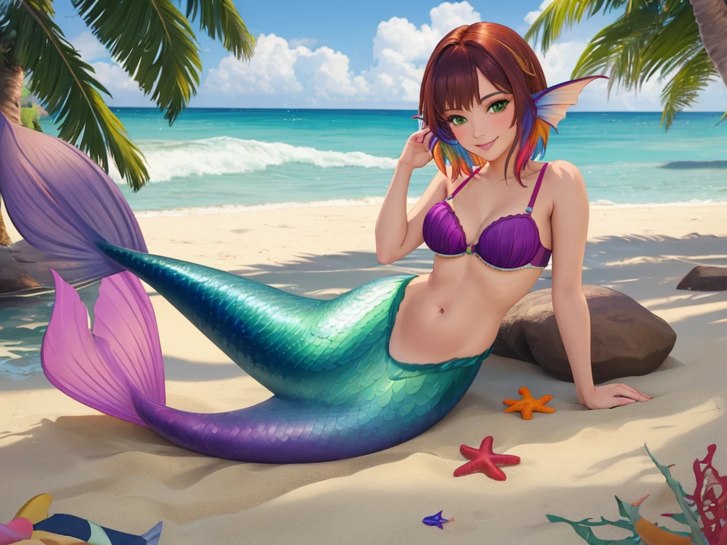 masterpiece, best quality:1.2), 1girl, smile, looking at viewer, green eyes, short brown multicolored hair, mermaid, mermaid girl, wearing purple seashell bra, laying on belly on beach, colorful mermaid tail, outdoors, head fins, fin ears
