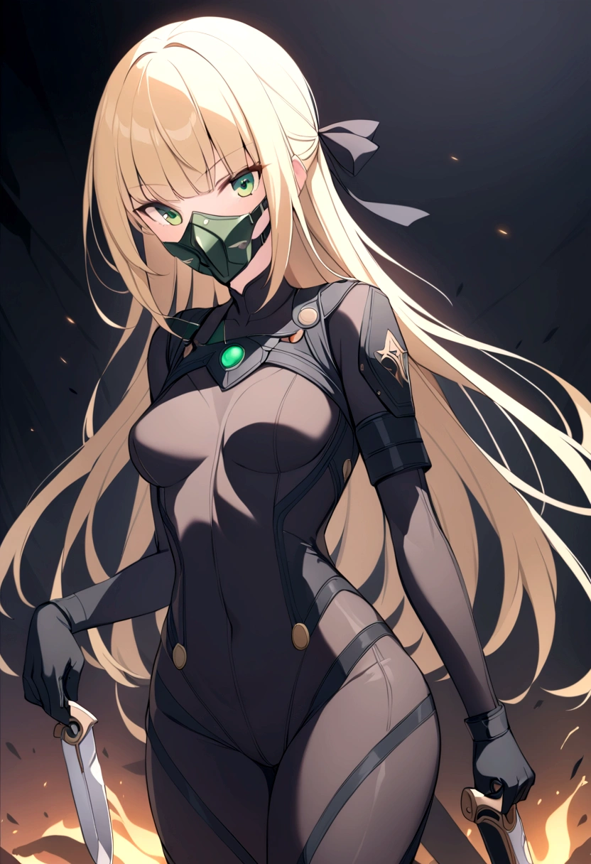 slender, mature female, 1girl, rating:safe, blonde_hair, solo, weapon, hair_ribbon, dagger, bodysuit, ribbon, long_hair,green_eyes, looking_at_viewer, gloves, standing, small_breasts, cowboy_shot, holding, breasts, holding_weapon, black_ribbon, gas_mask, skin_tight, holding_dagger, covered_mouth, knife, battle_knife, bangs