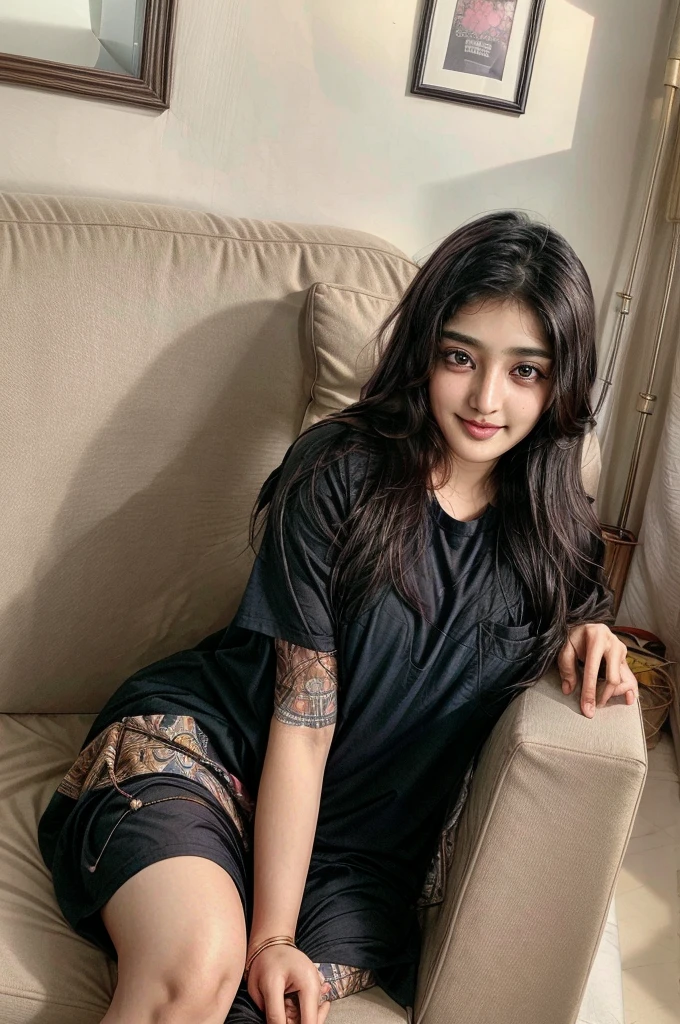 Beautiful cute young attractive Indian age girl, 21 year old girl, cute, Instagram model, long black hair, in home sit at sofa, Indian, little smiling , smooth face