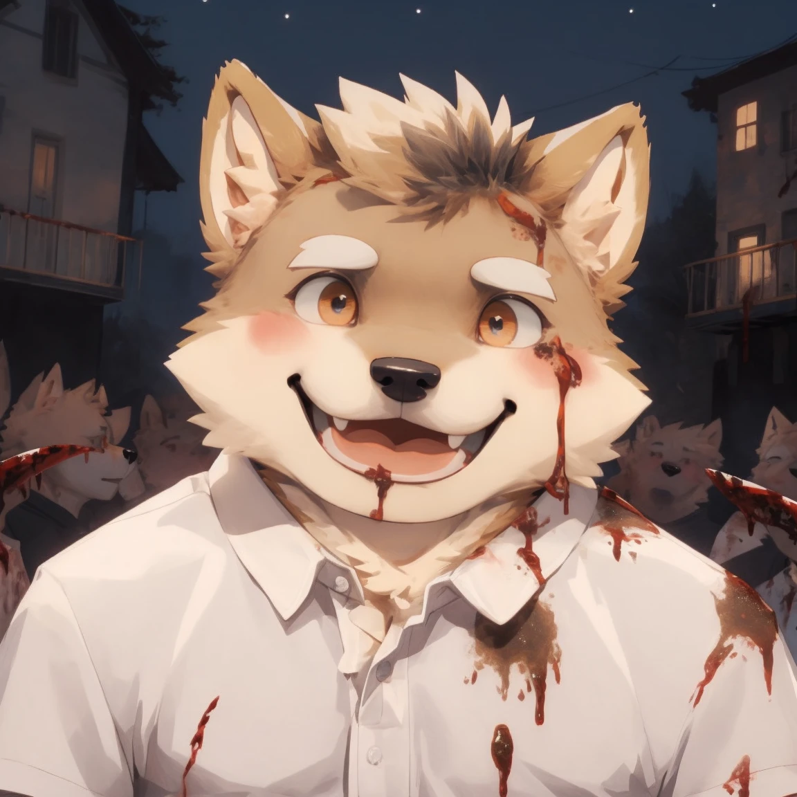 masterpiece, best quality, 8k resolution, Very detailed, hairy,Shiba Inu,(Black hair),(((golden fur))),(((Blood red eyes))),Chubby,Chubby face,(((White shirt))),(((Loose shirt))),((Black pants)),(((For the audience))),Highest quality scene,(((Solitary))),solitary,Upright,portrait,((Yandere)),((Night)),((bloody)),((Face-to-face)),(((Eyes on me))),(((The eyes are empty))),(((Tilting your head))),(((Round face))),(((Smiling evilly)))