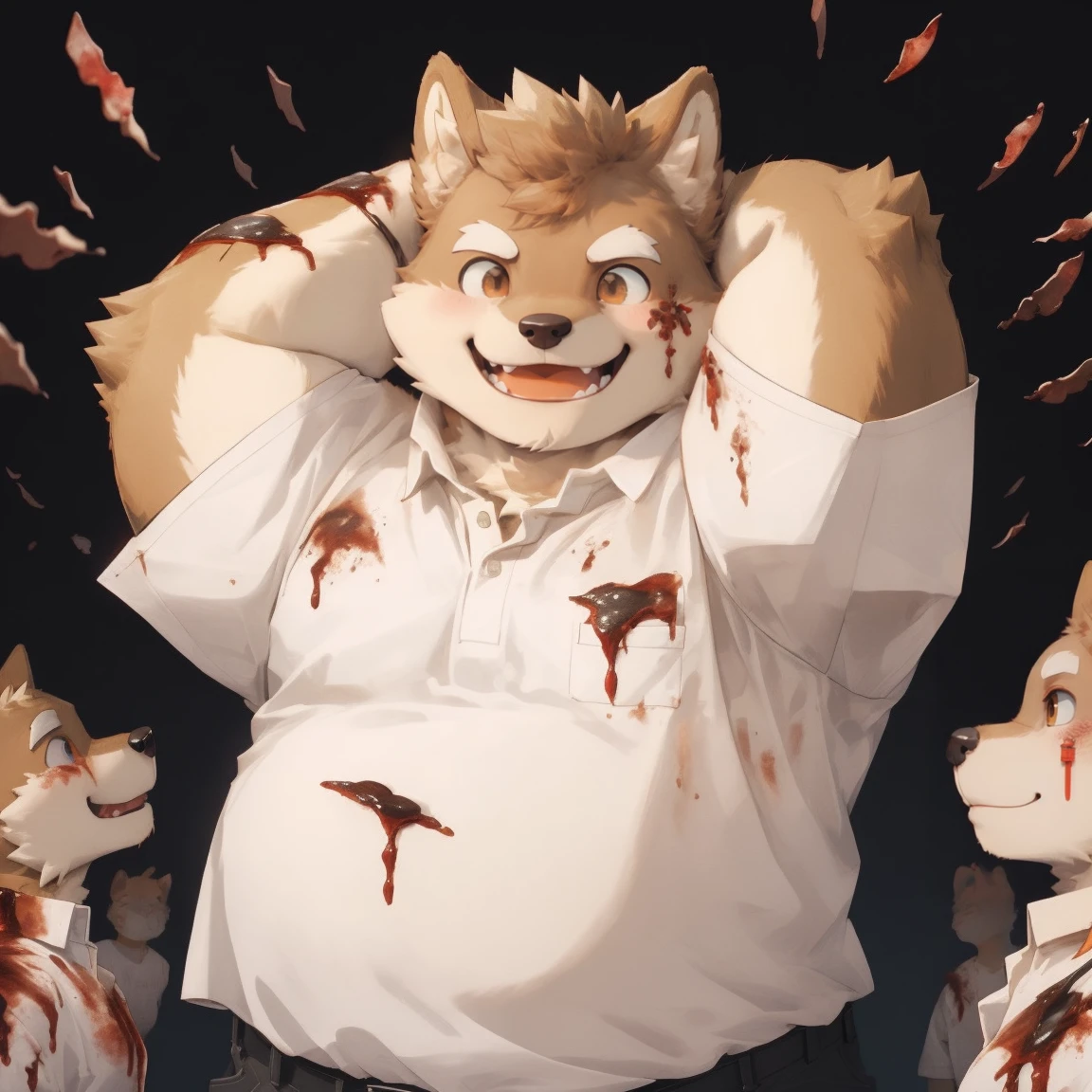 masterpiece, best quality, 8k resolution, Very detailed, hairy，Shiba Inu，(Black hair)，(((golden fur)))，(((Blood red eyes)))，Chubby，Chubby face，(((White shirt)))，(((Loose shirt)))，((Black pants))，(((For the audience)))，Highest quality scene，(((Solitary)))，solitary，Upright，portrait，((Yandere))，((Night))，((bloody))，((Face-to-face))，(((Eyes on me)))，(((The eyes are empty)))，(((Tilting your head)))，(((Round face)))，(((Smiling evilly)))