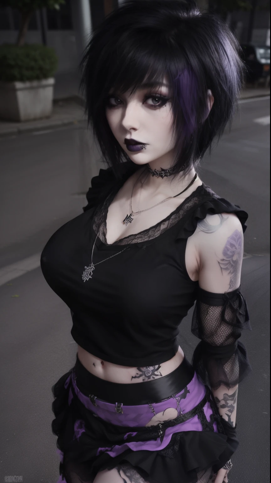 1gurk, emo, black hair, short emo_hairstyle, big breasts, solid black t shirt, mesh sleeves, necklace, black lipstick, black lips, street, purple ruffle skirt, tattoos, pale skin