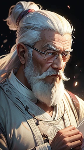 solo、Oriental、Intelligent old man、An elderly man in plain white ancient Chinese costume、Ancient Chinese hairstyle old man、Highest quality、masterpiece、Ultra-high resolution、(Realistic:1.4)、Game Poster、Crisp and beautiful image quality、White Hair、white and long beard,、Embroidered cloth wrapped around a topknot、