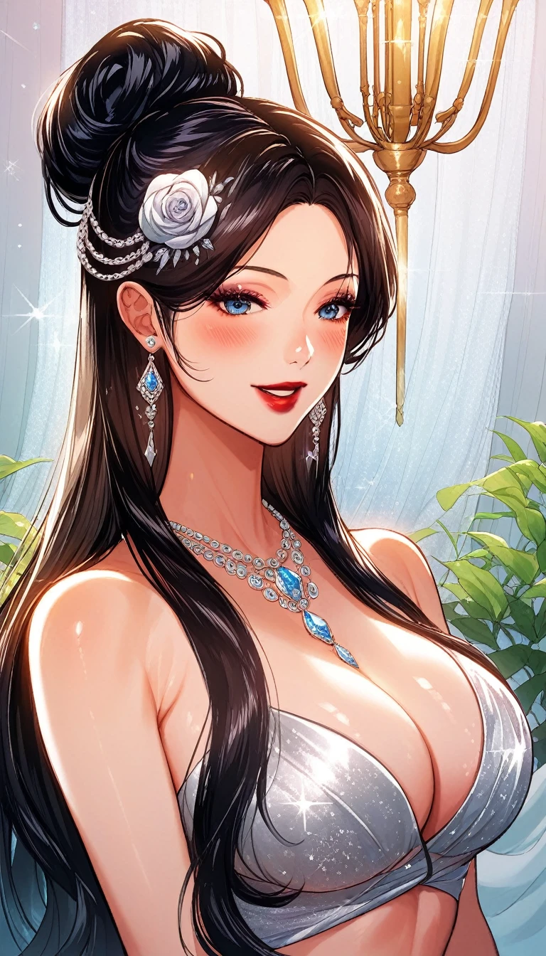 Hot sexy beautiful one women , long silver chandelier earrings,big breasts, ,black hair , hair bun,blush,blue eyes, smiling,red lipstick, chandelier jewellery,makeup, ornament, chandelier necklace,waist chain, rings,bangles,hair flower brochure,hair pins,hair chain, royal palaces and grand architecture, Traditional Indian Costumes sari, elegant draping style, intricate floral motifs, handwoven silk material, embellished with sequins and beads, sparkling gemstones and gold accents, artistic rendering of Indian culture, traditional jewelry and accessories,